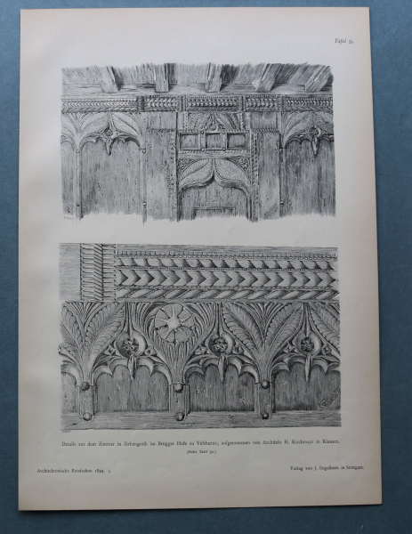Wood Engraving Architecture Velthurn 1894 Details from a room at Brügger court
